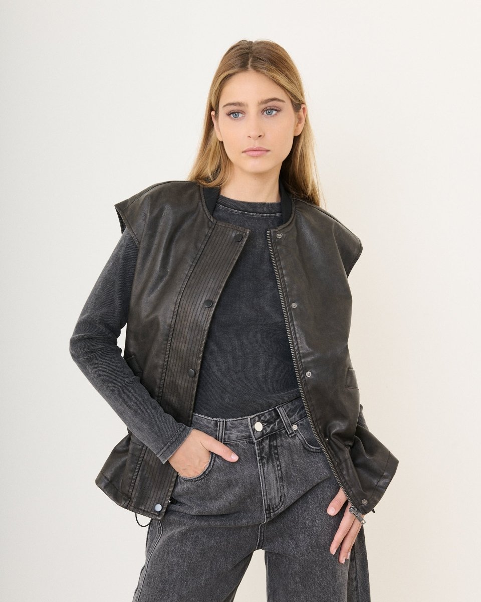 Bomber sans manches noir en simili cuir effet vieilli - RIVE GAUCHE
