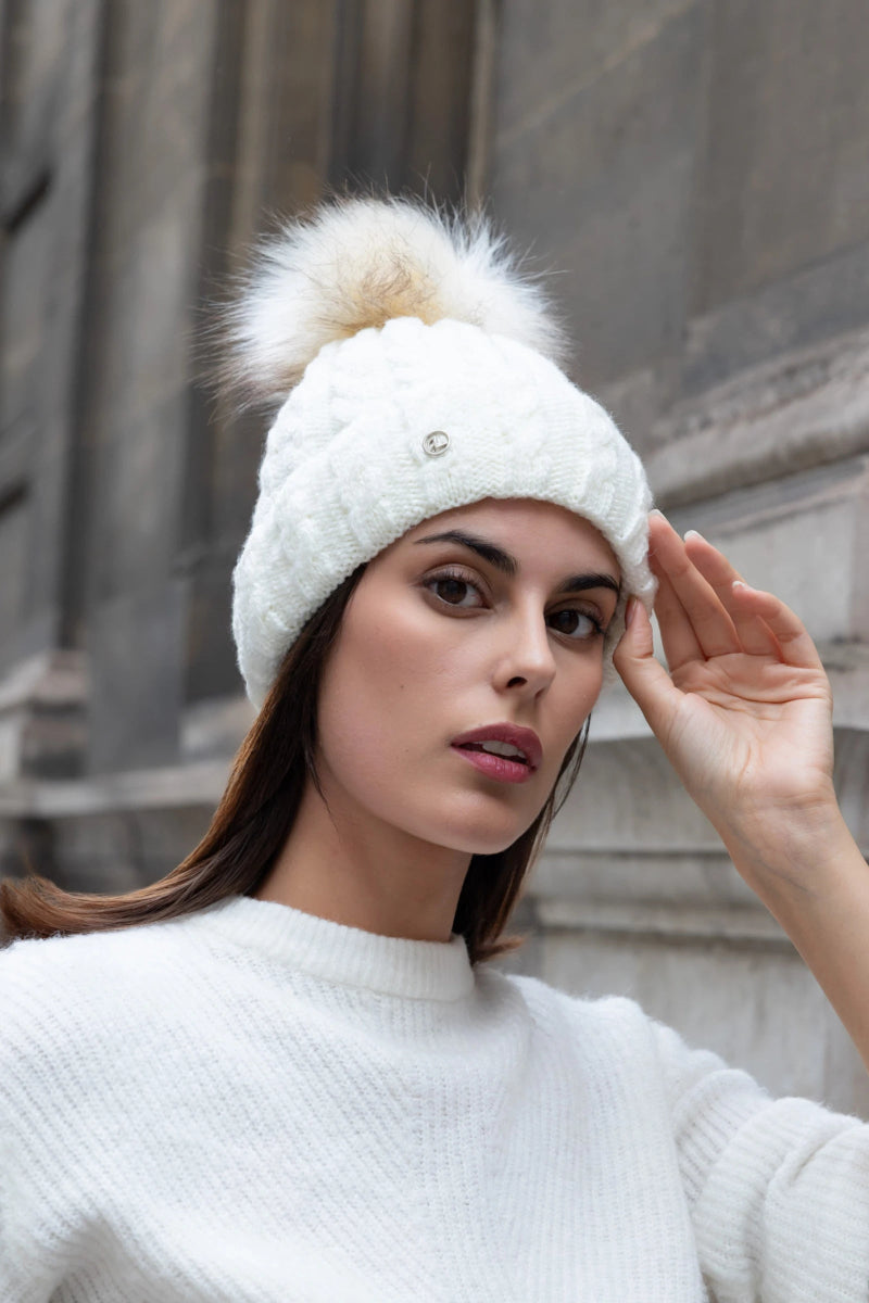 Bonnet blanc doublé polaire avec pompon - RIVE GAUCHE