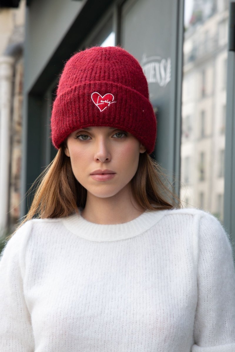 Bonnet bordeaux doublé polaire avec cœur Lovely sur le revers - RIVE GAUCHE