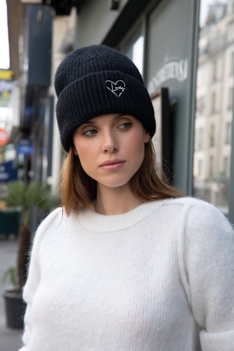Bonnet noir doublé polaire avec cœur Lovely sur le revers - RIVE GAUCHE