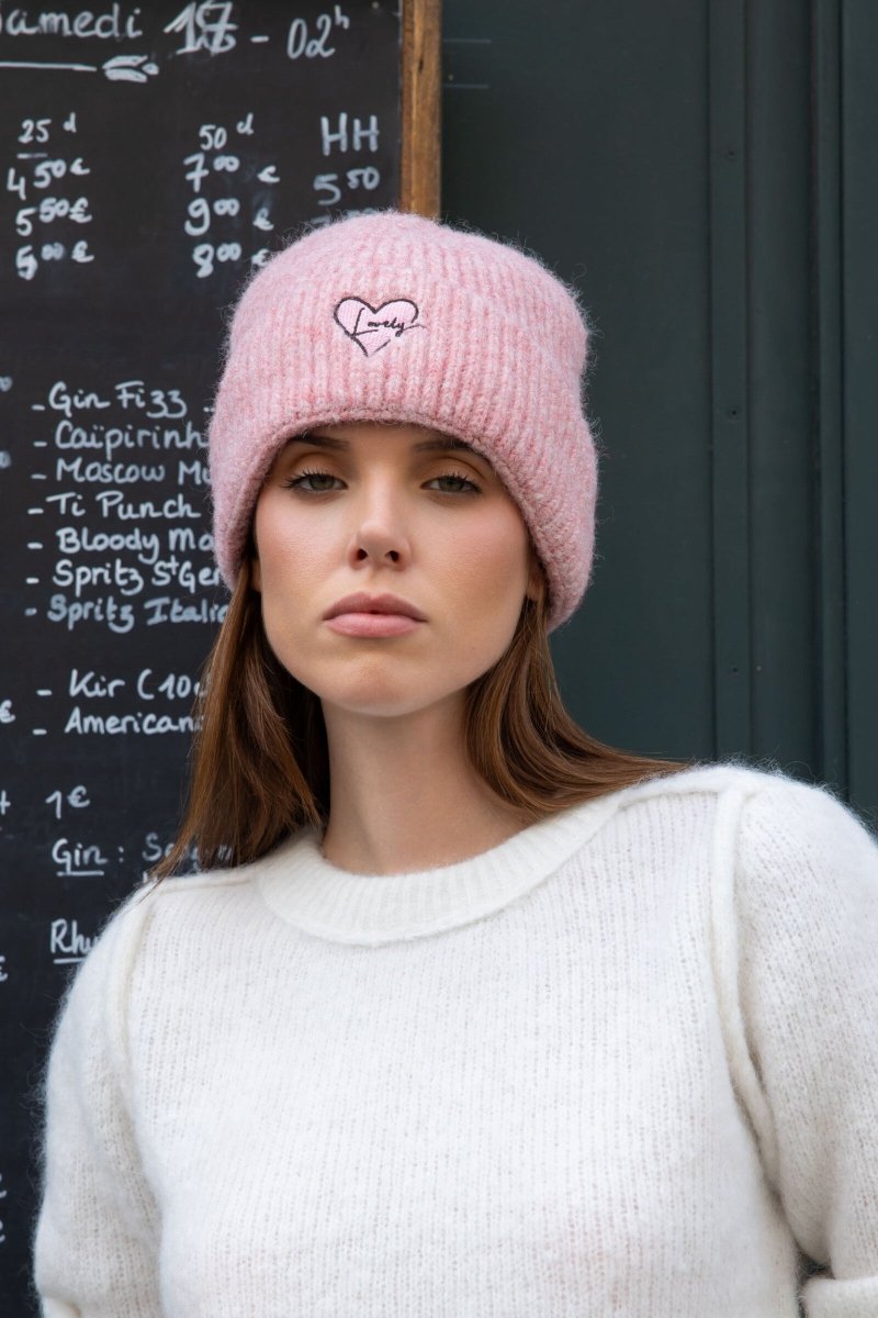 Bonnet rose doublé polaire avec cœur Lovely sur le revers - RIVE GAUCHE