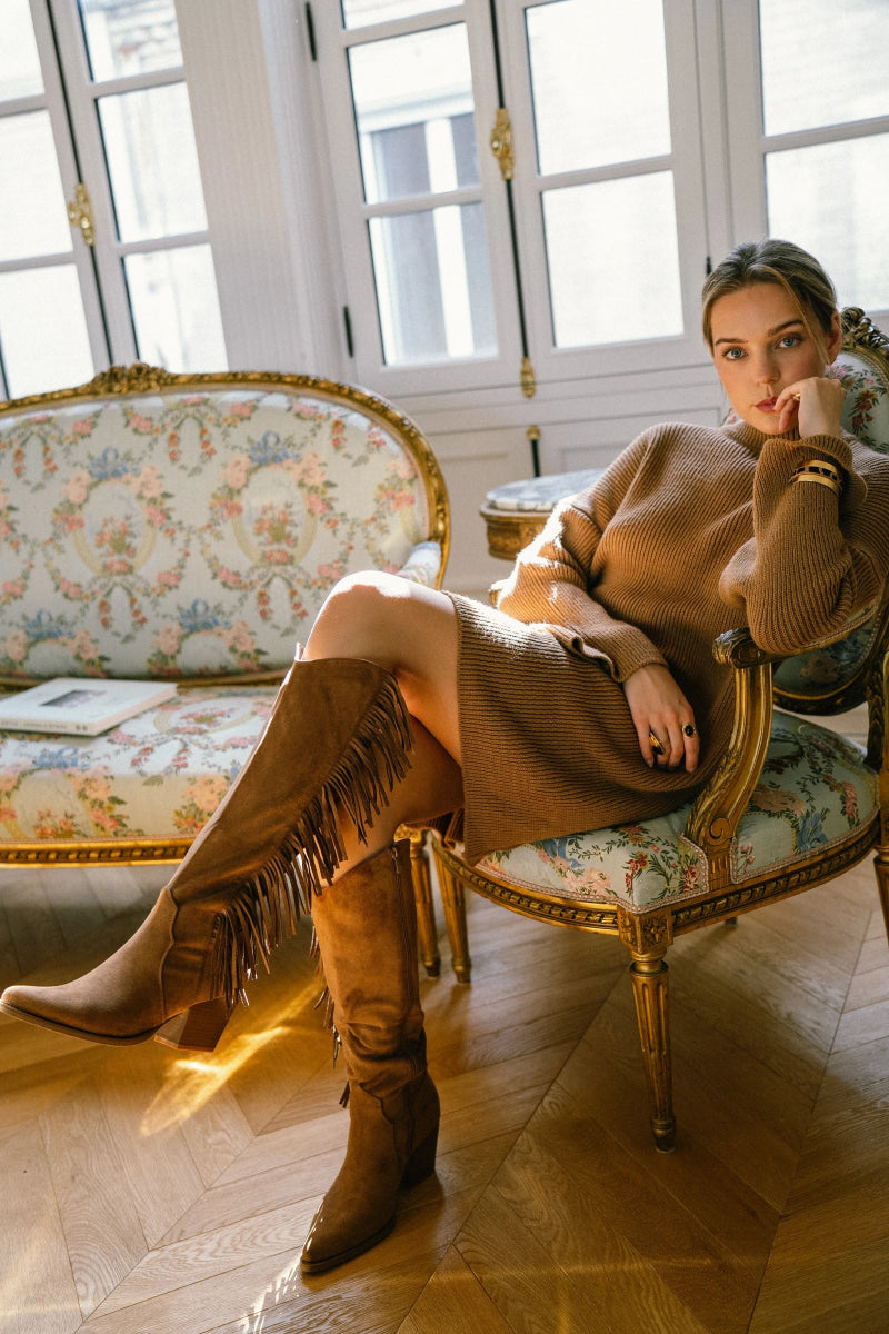 Bottes à talon carré camel style santiags avec franges sur le côté et zip intérieur - RIVE GAUCHE
