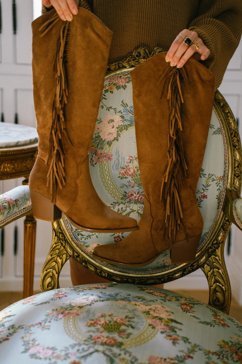 Bottes à talon carré camel style santiags avec franges sur le côté et zip intérieur - RIVE GAUCHE