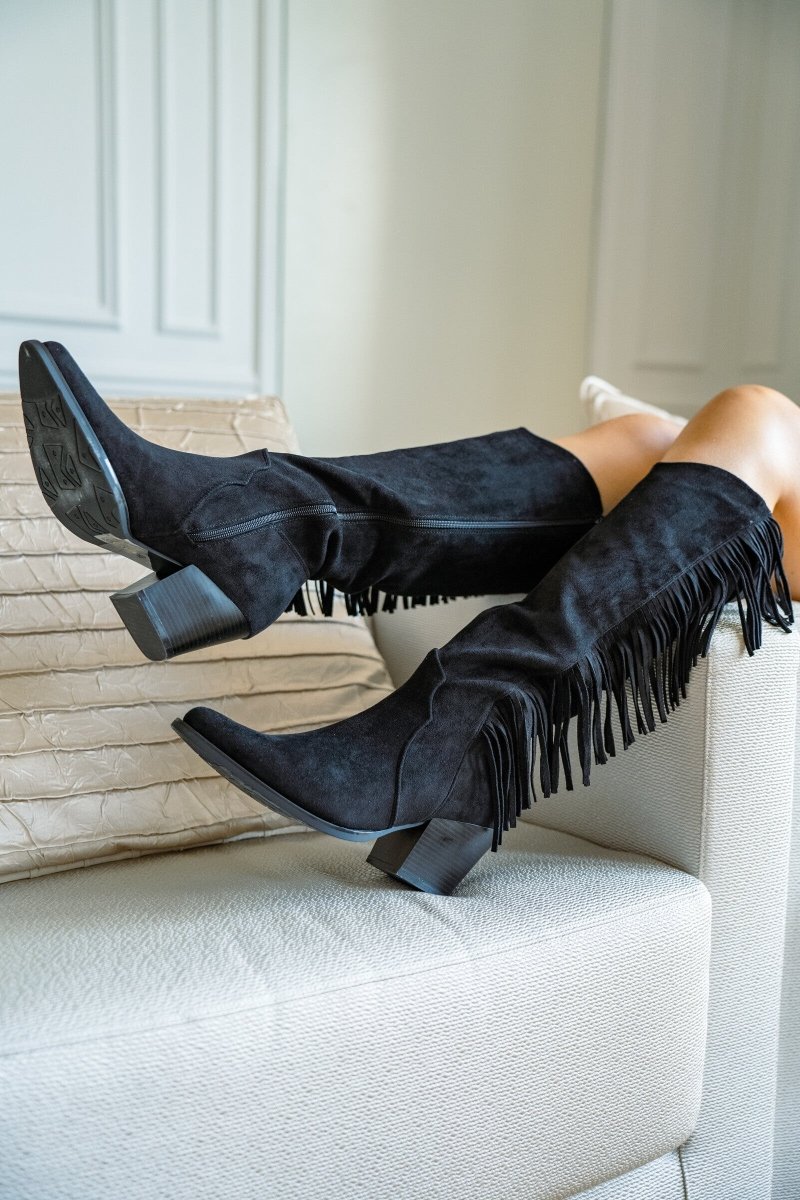 Bottes à talon carré noir style santiags avec franges sur le côté et zip intérieur - RIVE GAUCHE