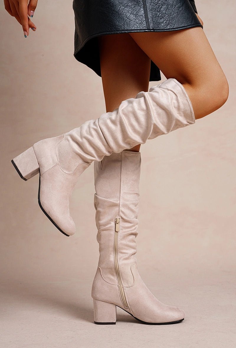 Bottes beiges à talon bloc effet daim - RIVE GAUCHE