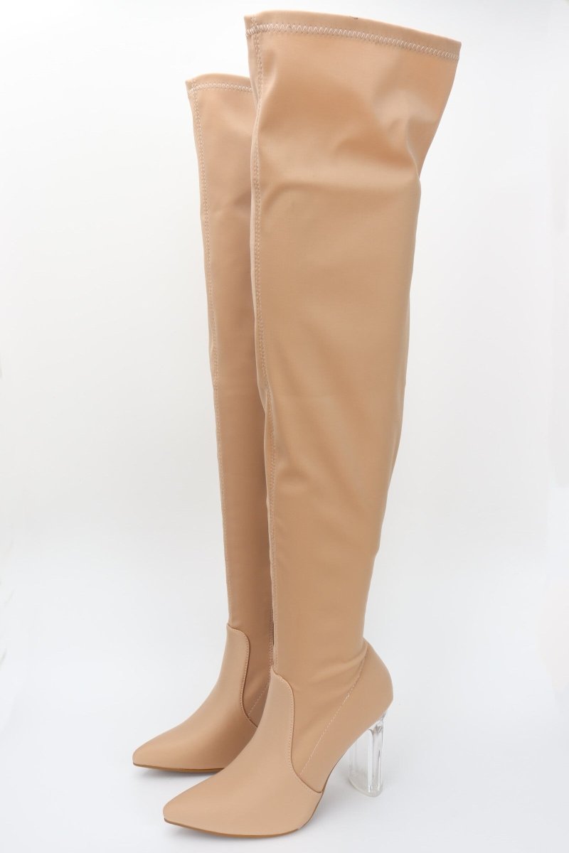 Bottes cuissardes beige en matière lycra stretch à talon transparent - RIVE GAUCHE