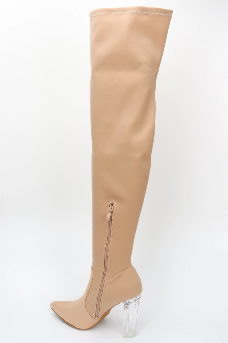 Bottes cuissardes beige en matière lycra stretch à talon transparent - RIVE GAUCHE