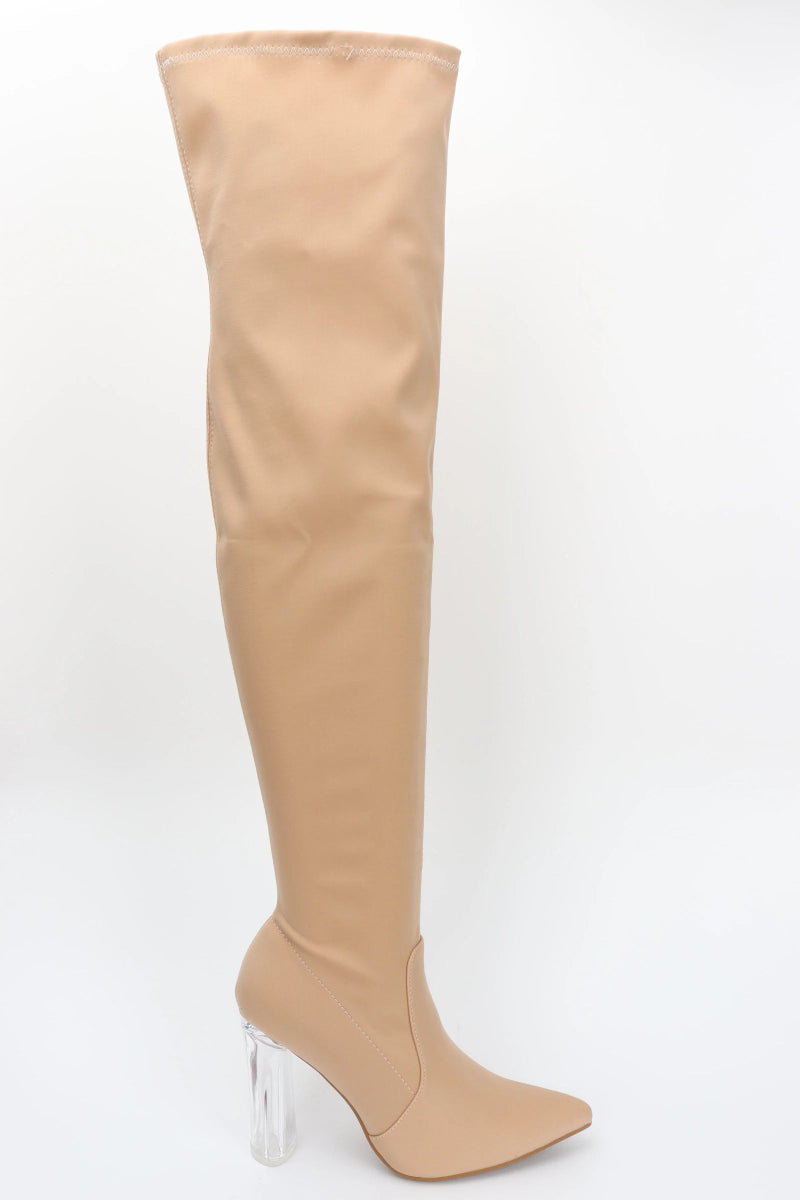 Bottes cuissardes beige en matière lycra stretch à talon transparent - RIVE GAUCHE