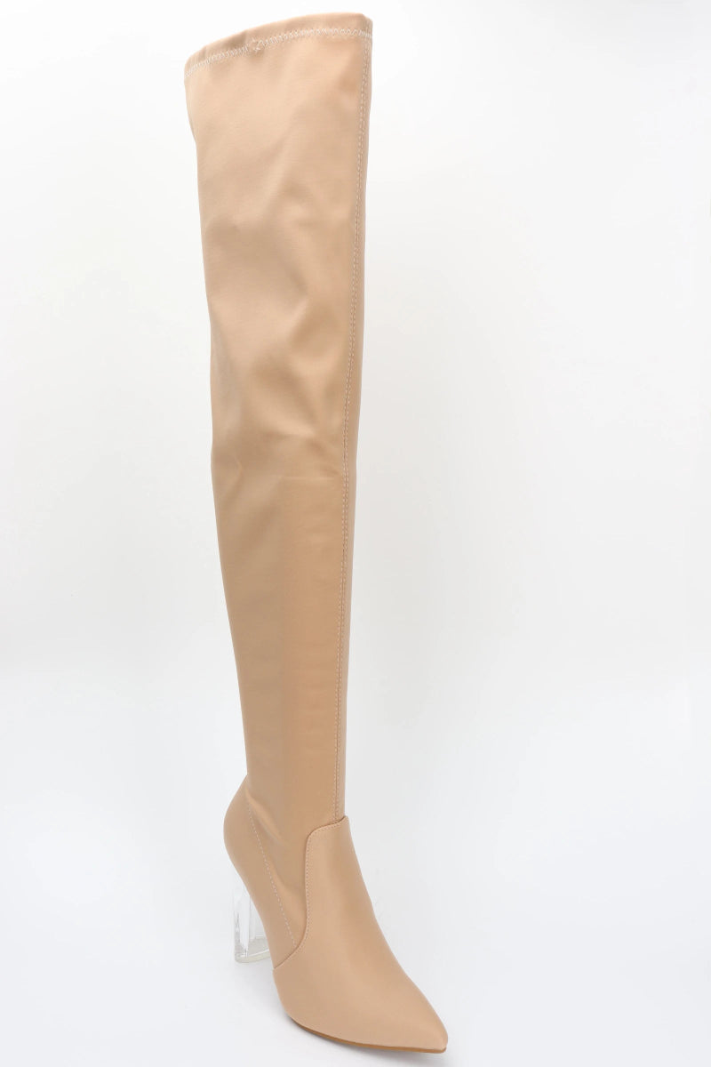 Bottes cuissardes beige en matière lycra stretch à talon transparent - RIVE GAUCHE