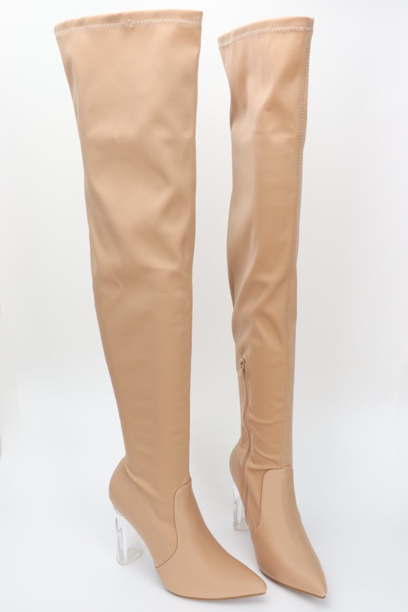 Bottes cuissardes beige en matière lycra stretch à talon transparent - RIVE GAUCHE