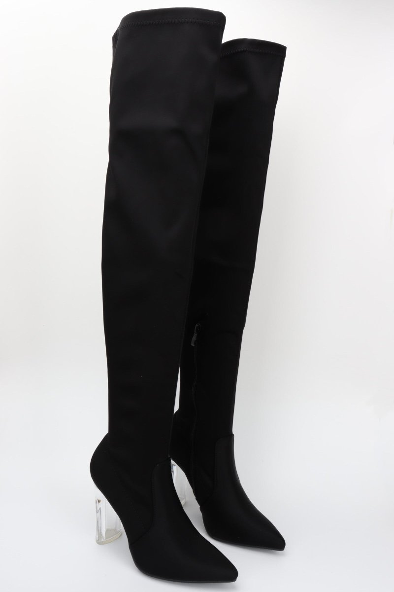 Bottes cuissardes noir en matière lycra stretch à talon transparent - RIVE GAUCHE