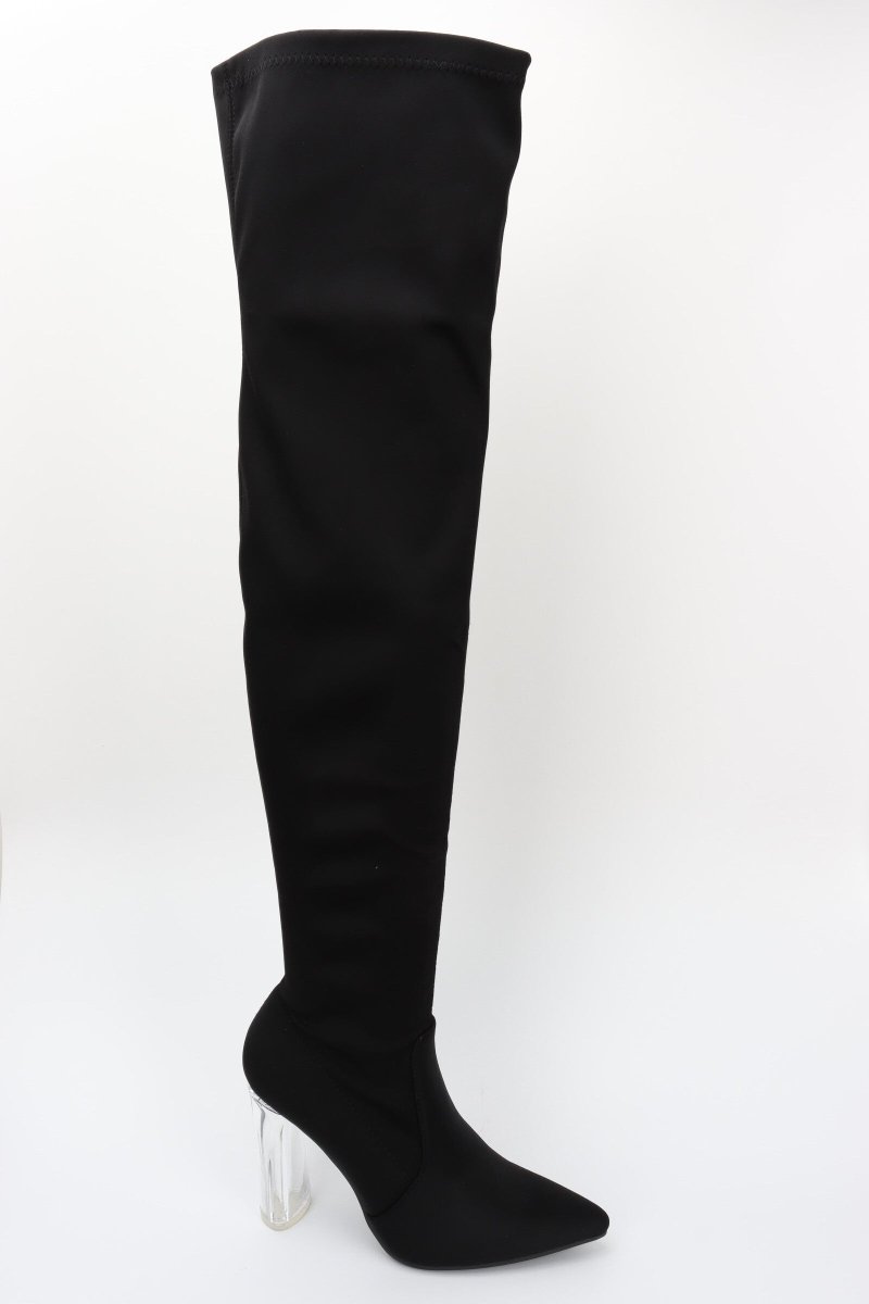 Bottes cuissardes noir en matière lycra stretch à talon transparent - RIVE GAUCHE