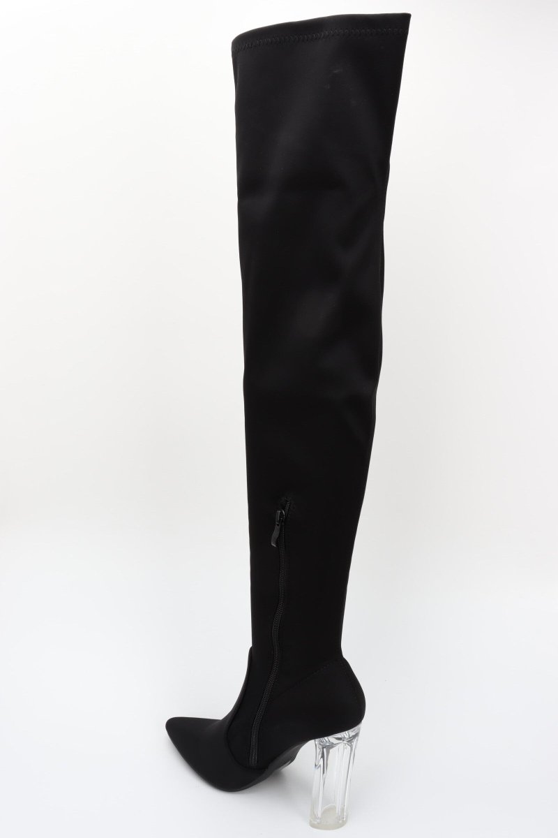 Bottes cuissardes noir en matière lycra stretch à talon transparent - RIVE GAUCHE