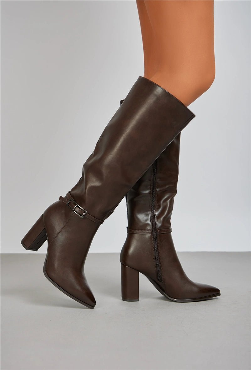 Bottes en similicuir chocolat à talon avec boucle - RIVE GAUCHE