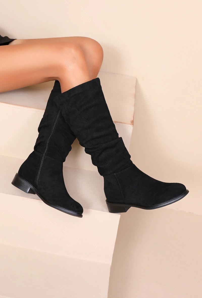 Bottes plates noires plissés effet daim - RIVE GAUCHE