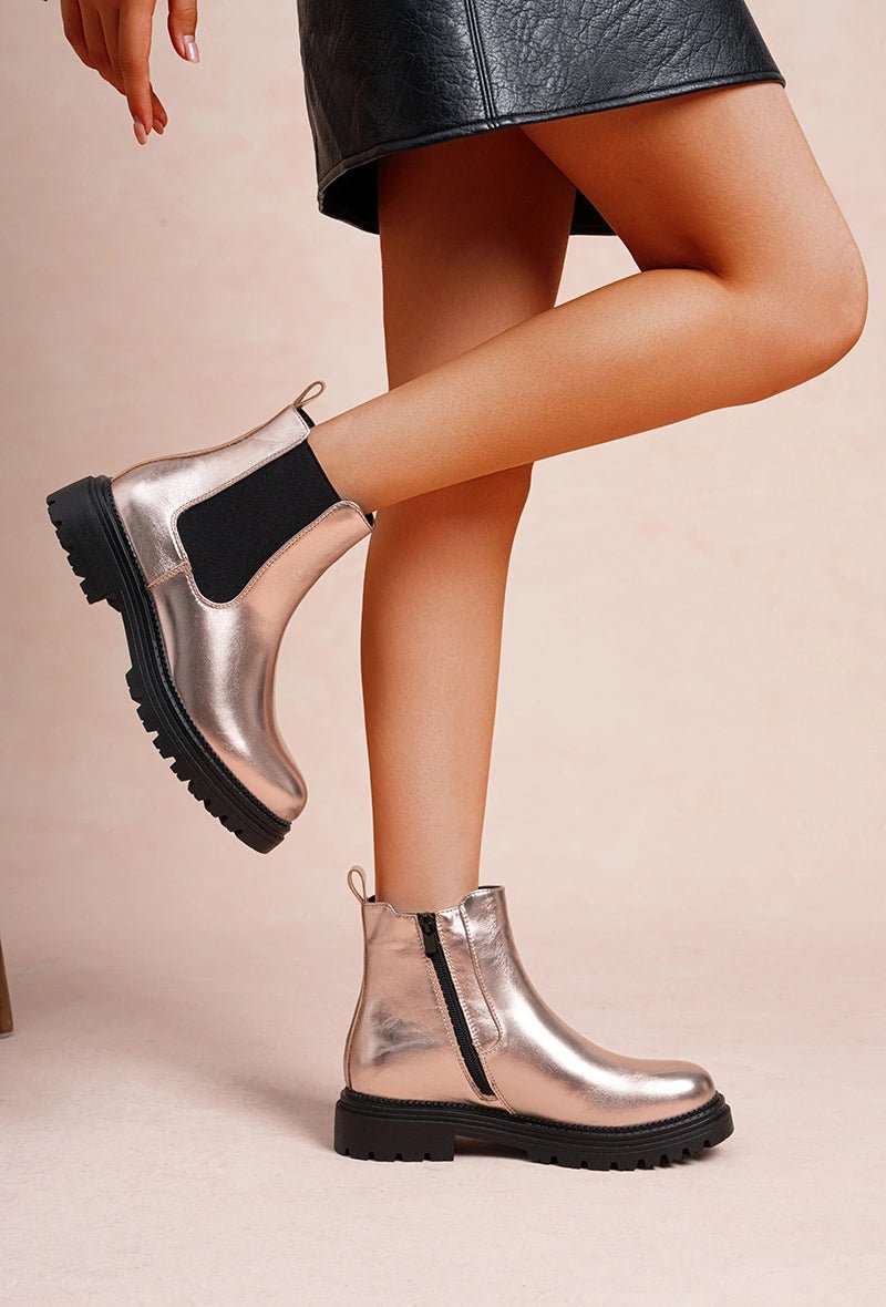 Bottines Chelsea champagne à semelle crantée brillantes - RIVE GAUCHE