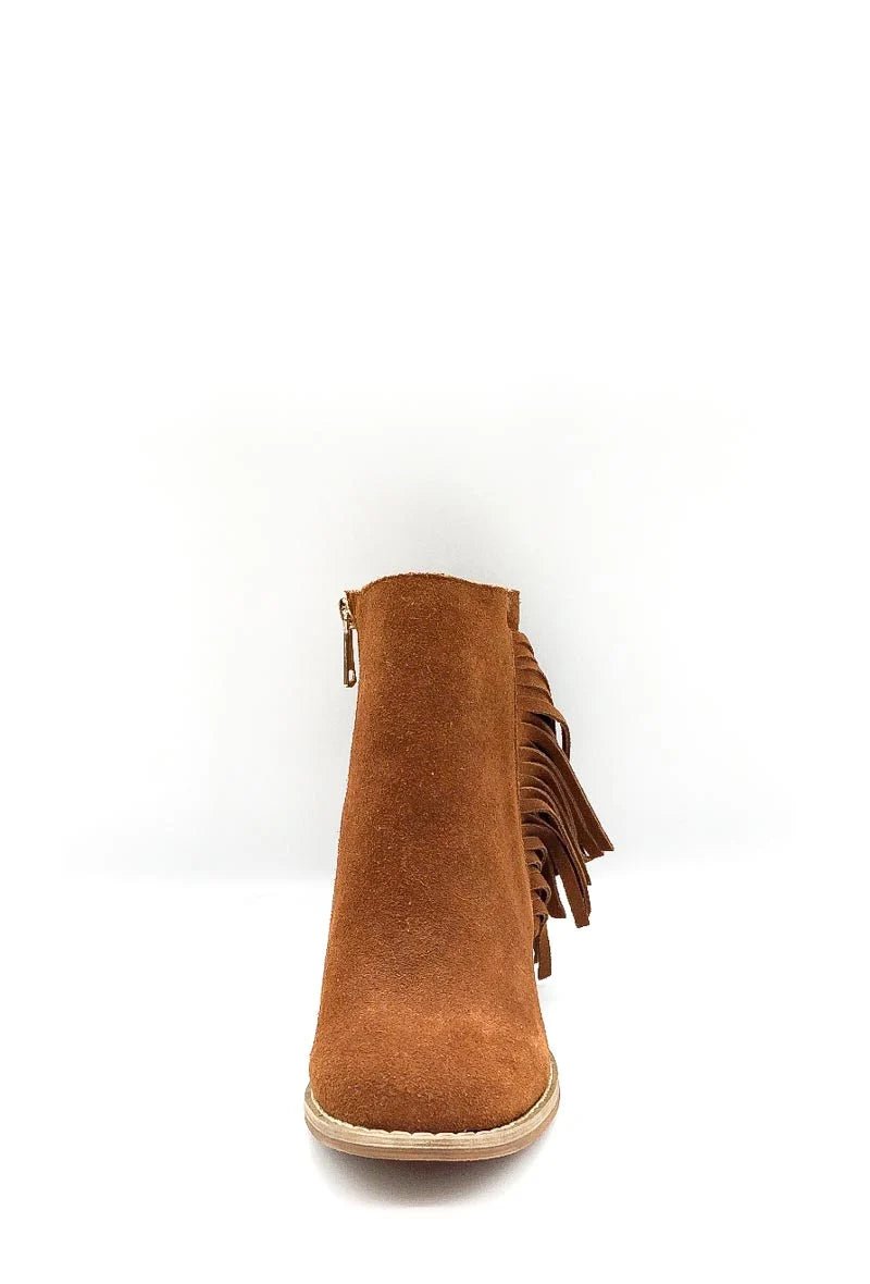 Bottines en cuir camel à talons avec franges latérales - RIVE GAUCHE