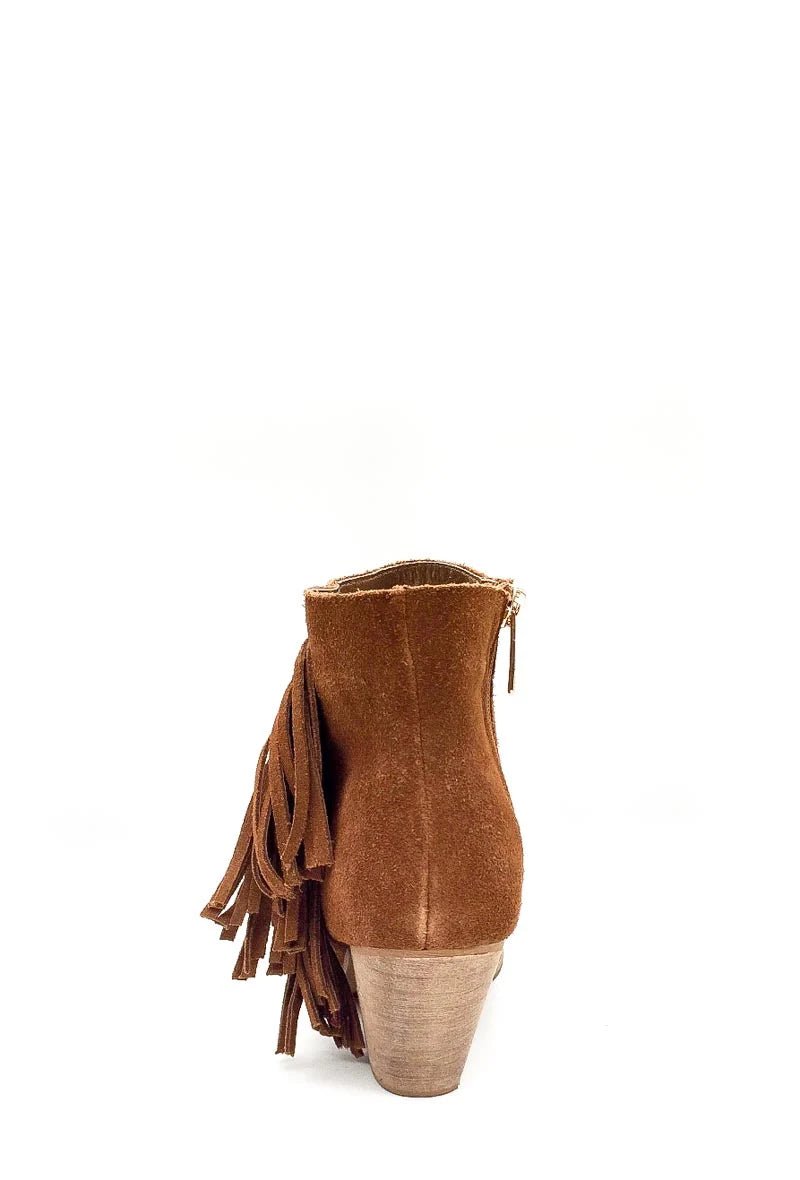 Bottines en cuir camel à talons avec franges latérales - RIVE GAUCHE