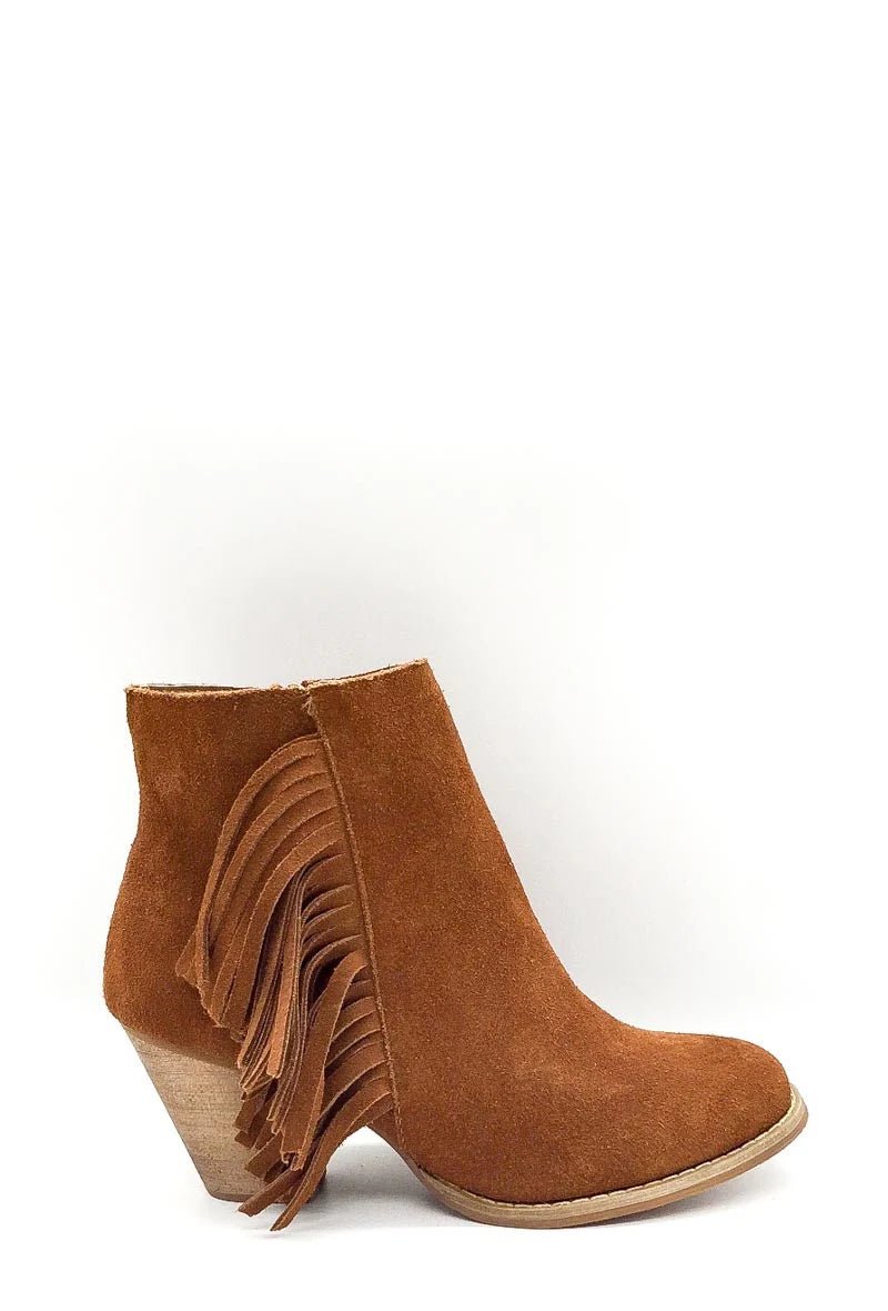 Bottines en cuir camel à talons avec franges latérales - RIVE GAUCHE