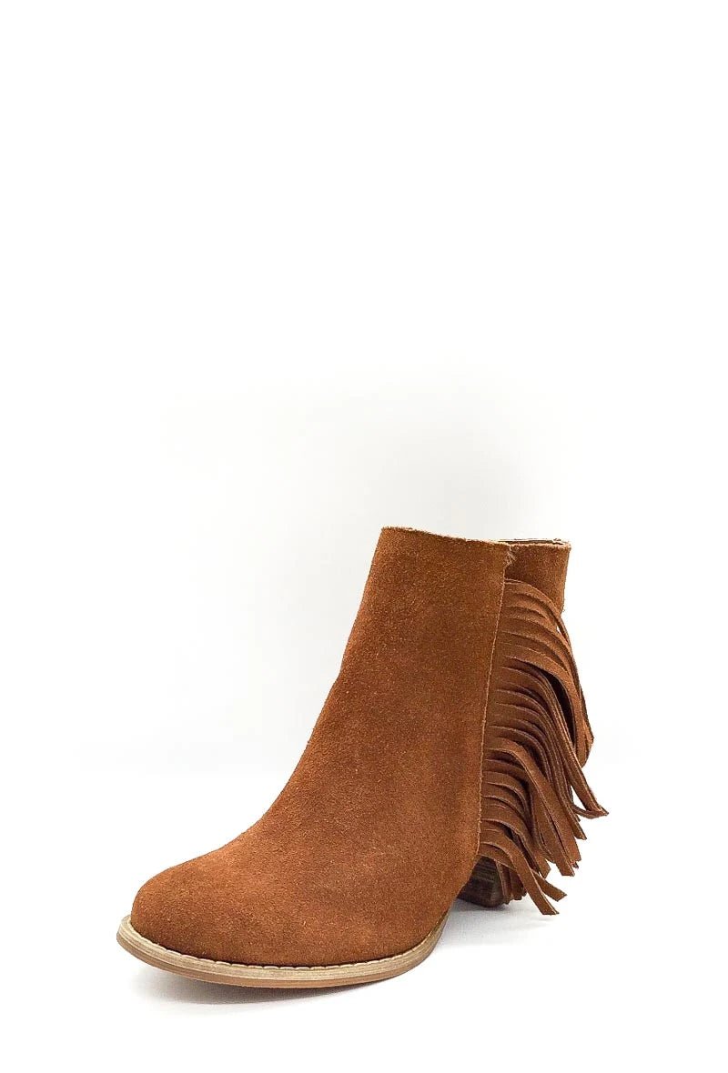 Bottines en cuir camel à talons avec franges latérales - RIVE GAUCHE