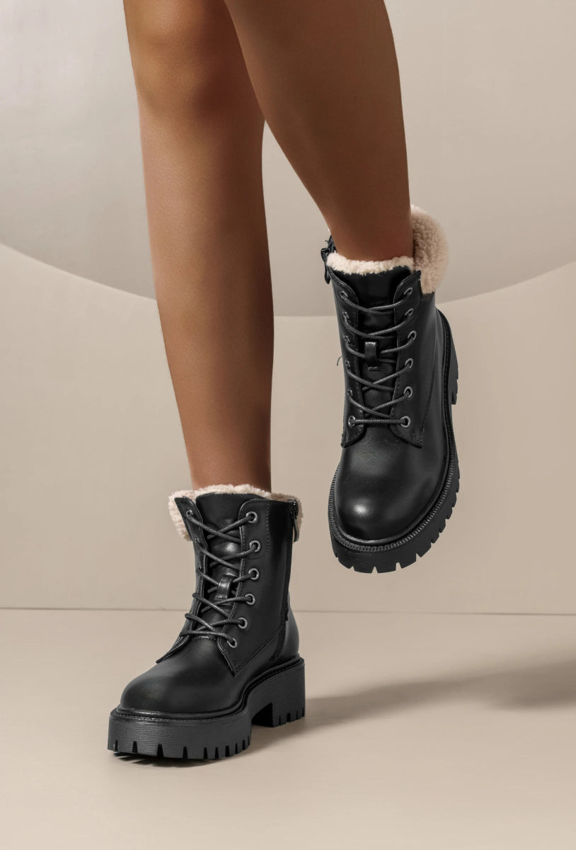 Bottines noires à lacets fourrées effet moumoute - RIVE GAUCHE