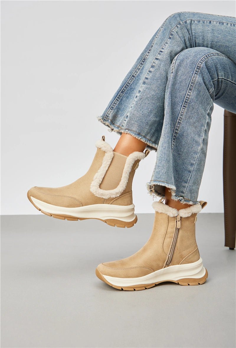 Bottines style chelsea beiges avec fausse fourrure décorative et semelle crantée - RIVE GAUCHE