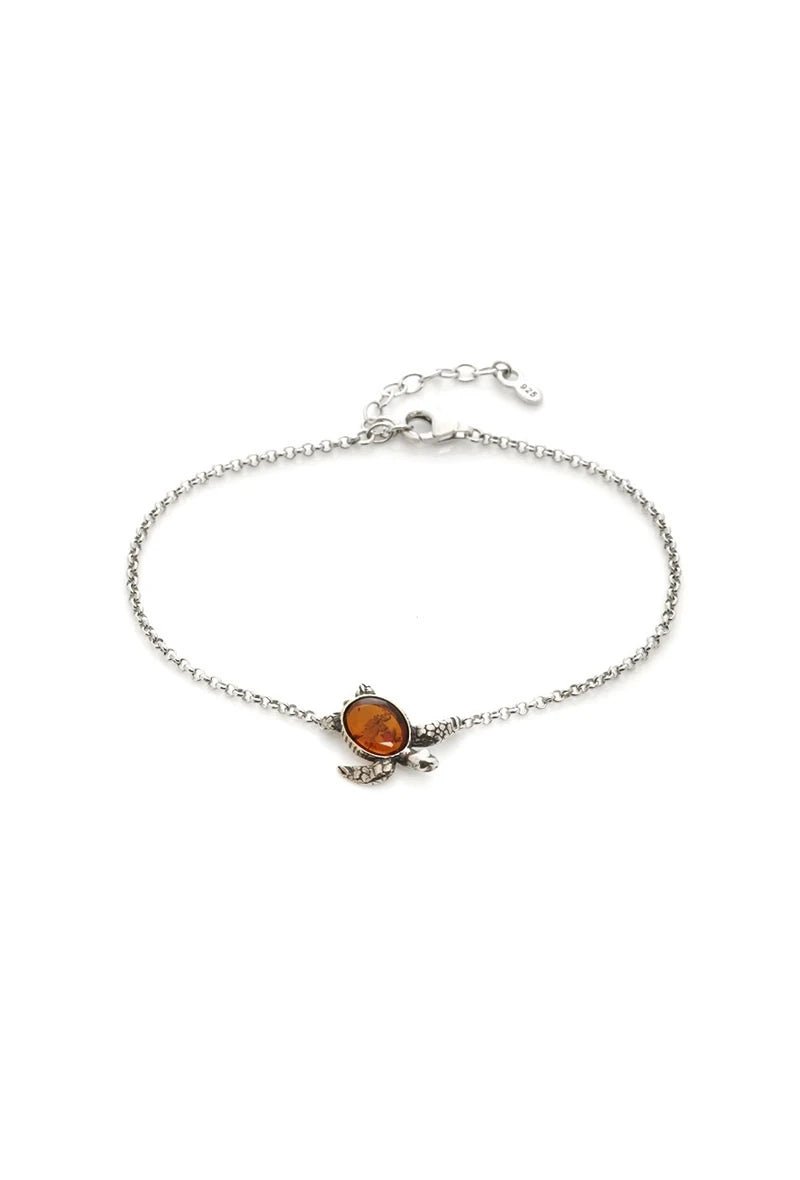 Bracelet tortue en argent 925 avec ambre cognac ovale - RIVE GAUCHE