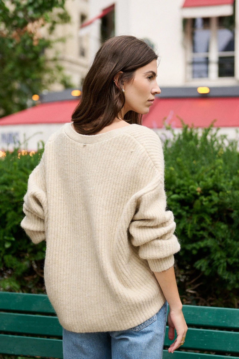 Cardigan beige oversized en alpaga et laine à col V - RIVE GAUCHE