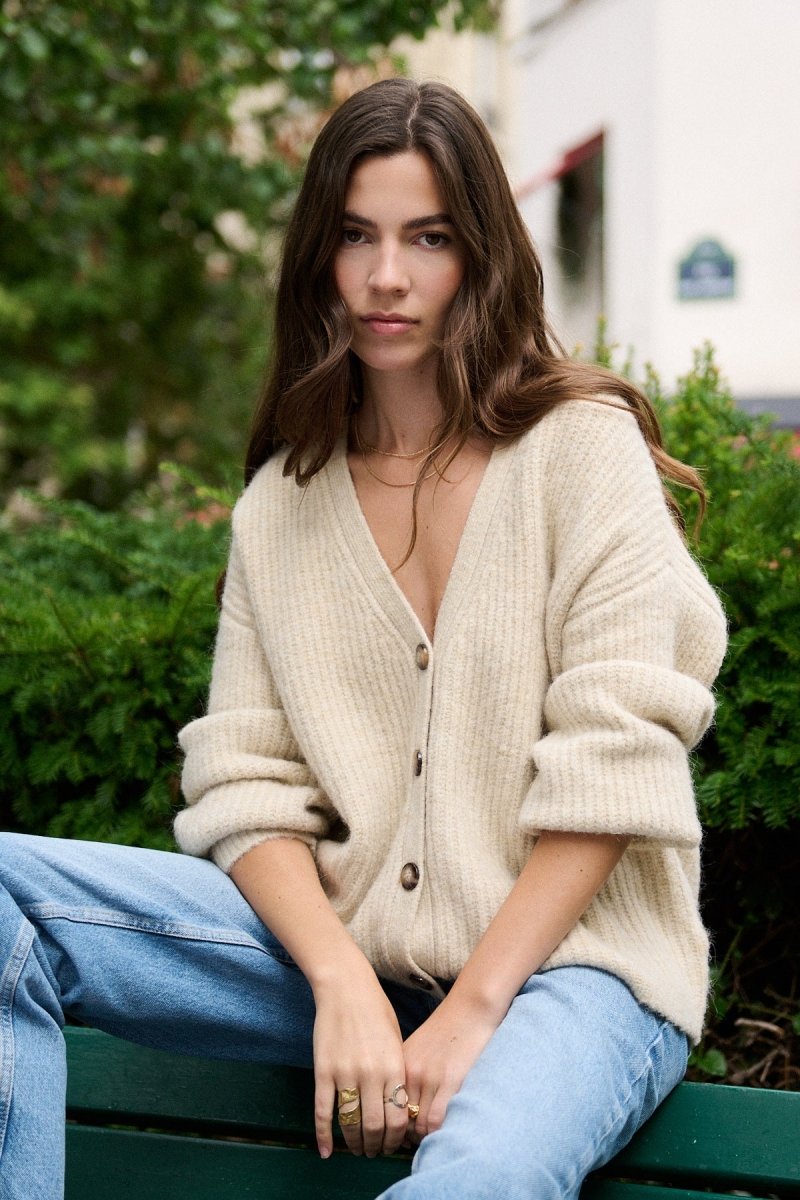 Cardigan beige oversized en alpaga et laine à col V - RIVE GAUCHE