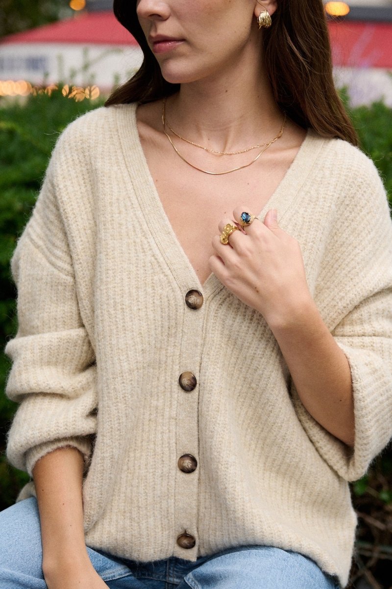 Cardigan beige oversized en alpaga et laine à col V - RIVE GAUCHE