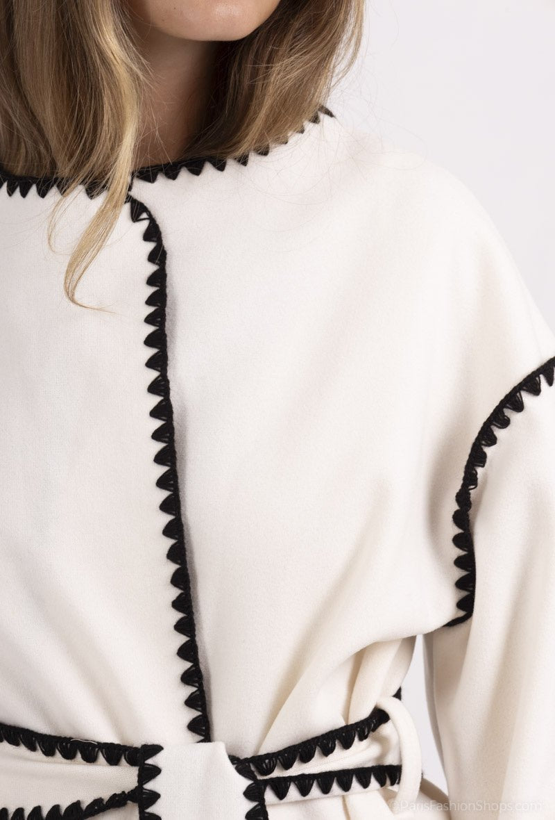 Cardigan écru à bordures contrastées avec ceinture - RIVE GAUCHE