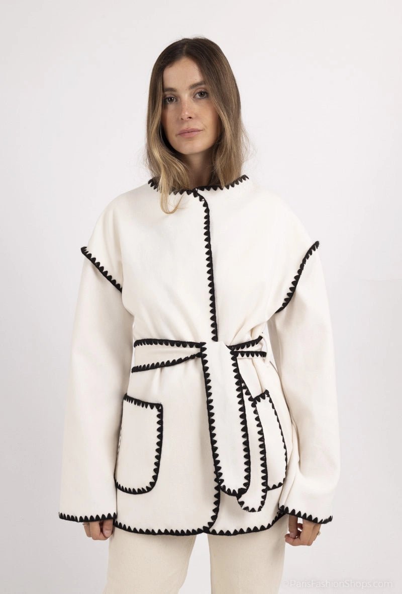 Cardigan écru à bordures contrastées avec ceinture - RIVE GAUCHE
