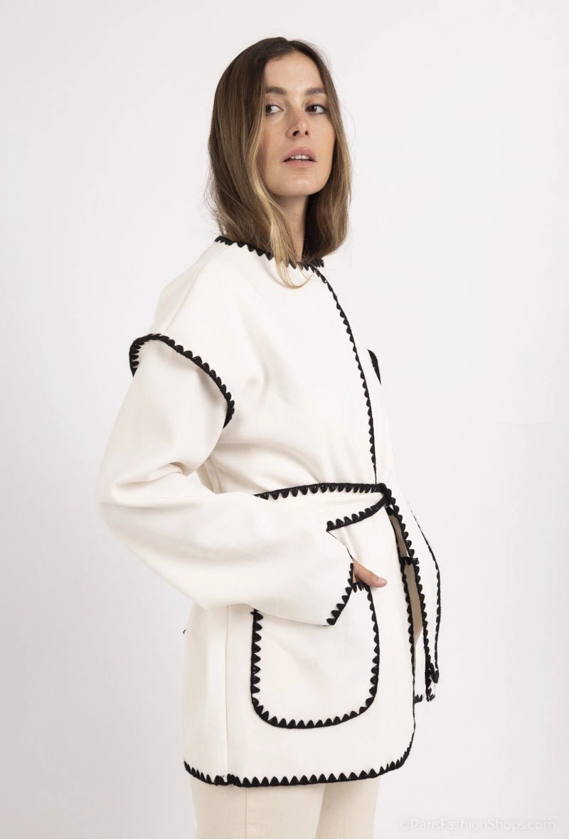 Cardigan écru à bordures contrastées avec ceinture - RIVE GAUCHE