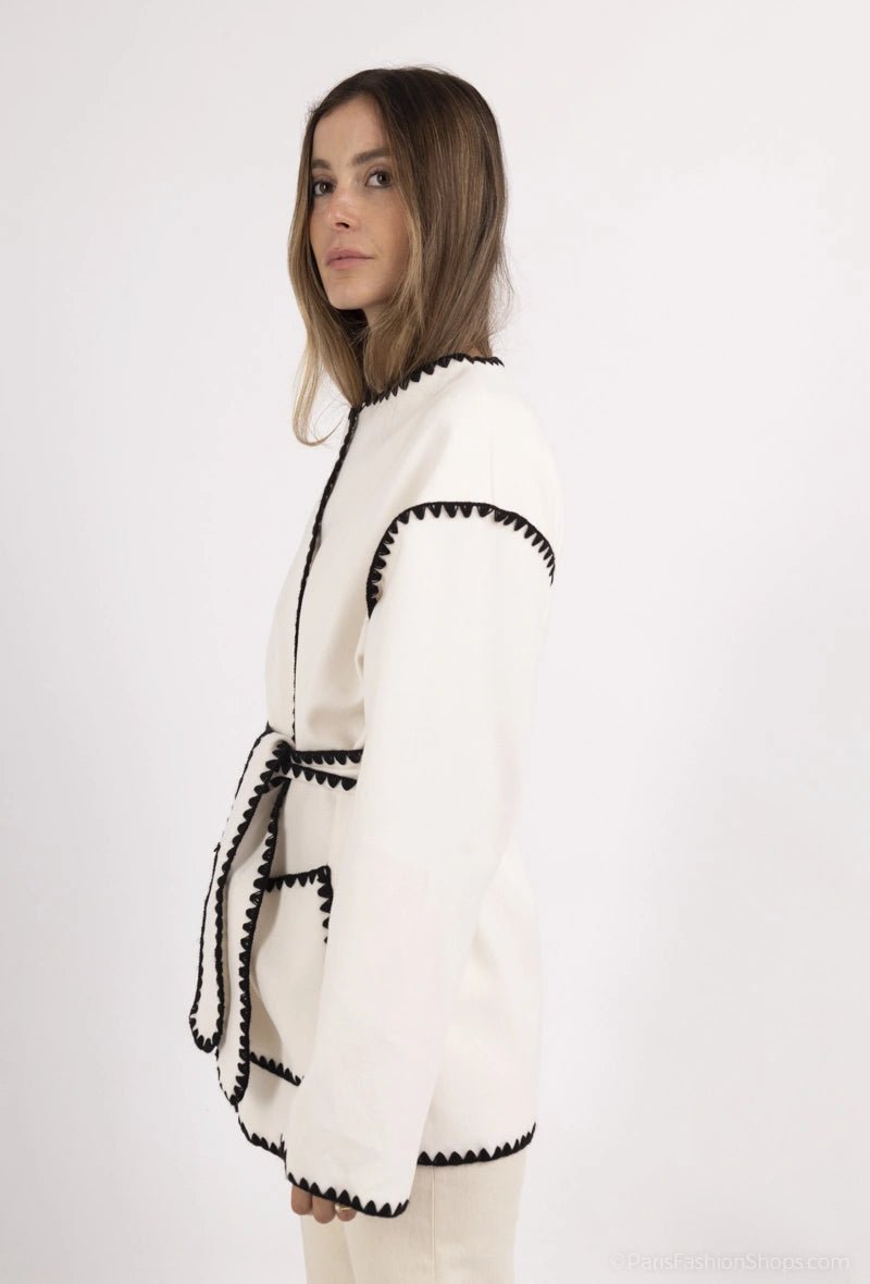 Cardigan écru à bordures contrastées avec ceinture - RIVE GAUCHE