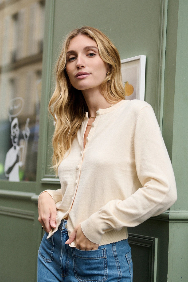Cardigan en laine et coton à col rond écru - RIVE GAUCHE