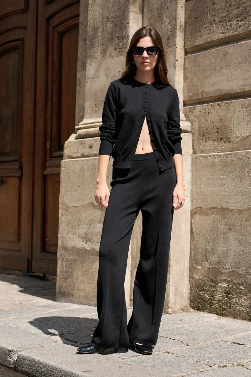 Cardigan en laine et coton à col rond noir - RIVE GAUCHE