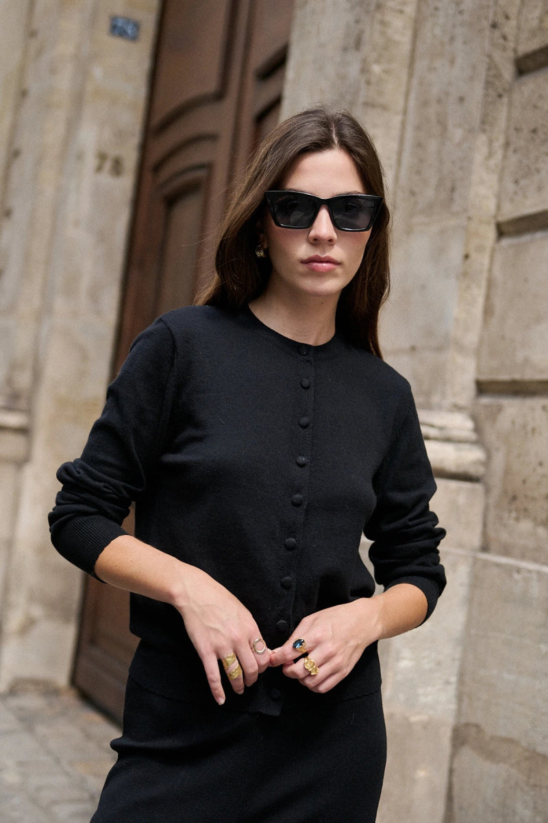 Cardigan en laine et coton à col rond noir - RIVE GAUCHE