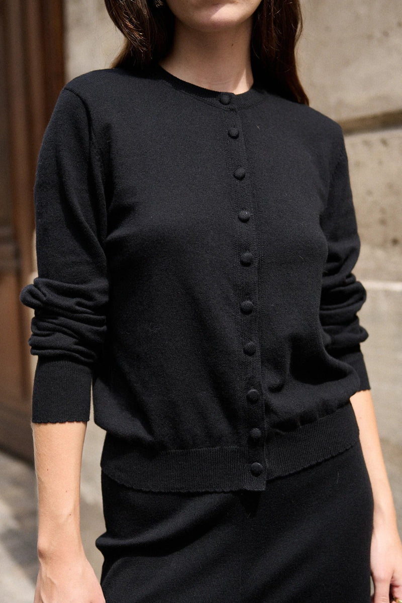 Cardigan en laine et coton à col rond noir - RIVE GAUCHE