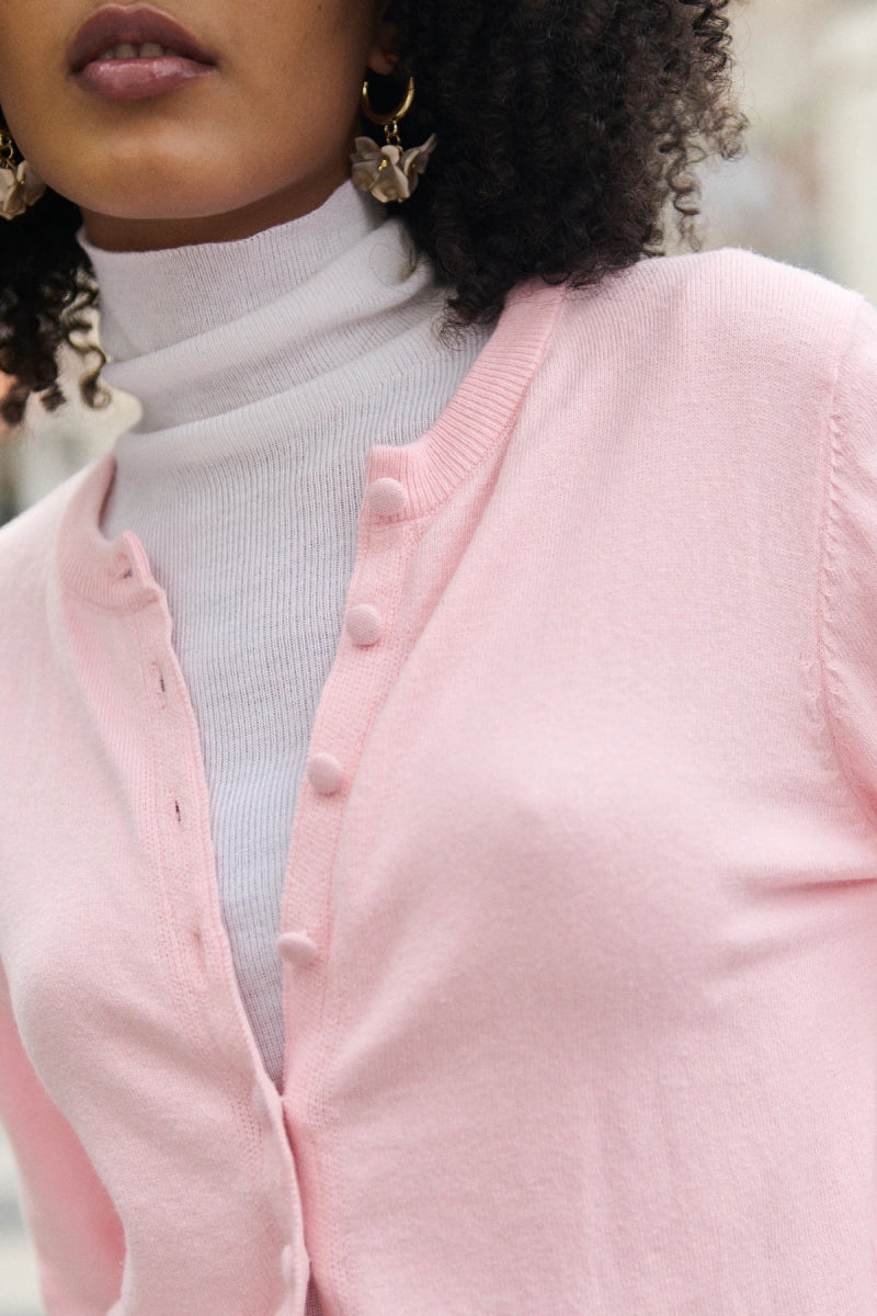 Cardigan en laine et coton à col rond rose - RIVE GAUCHE