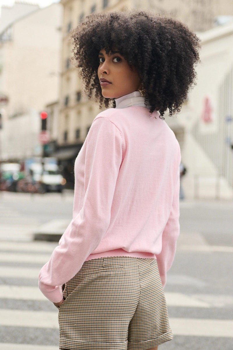 Cardigan en laine et coton à col rond rose - RIVE GAUCHE