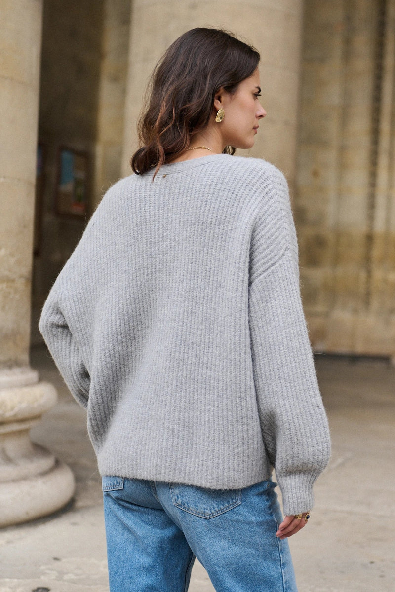 Cardigan gris oversized en alpaga et laine à col V - RIVE GAUCHE