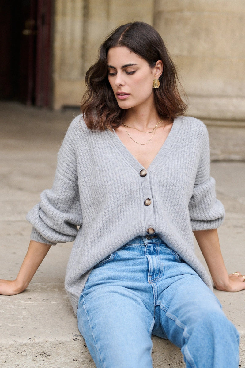 Cardigan gris oversized en alpaga et laine à col V - RIVE GAUCHE