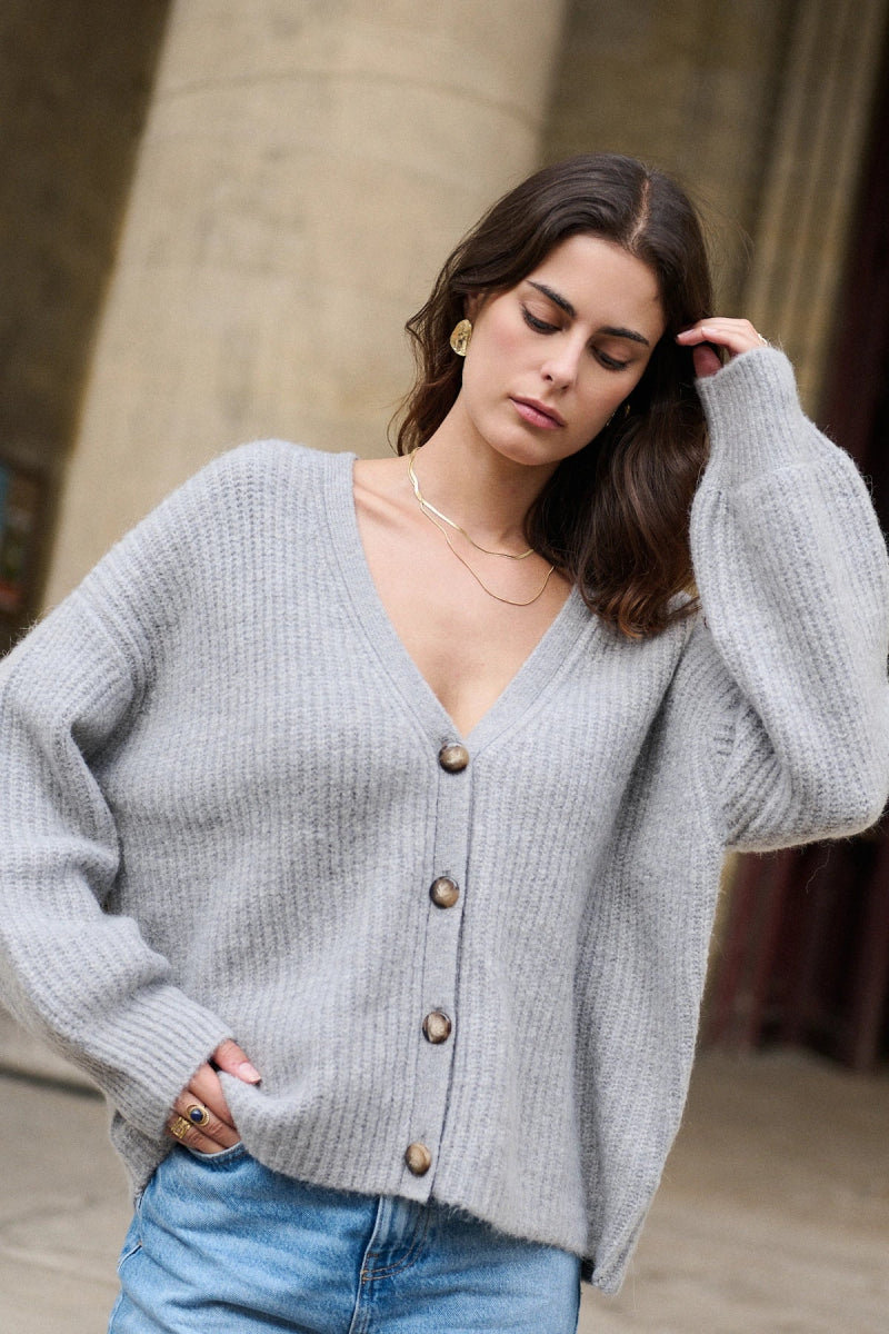 Cardigan gris oversized en alpaga et laine à col V - RIVE GAUCHE