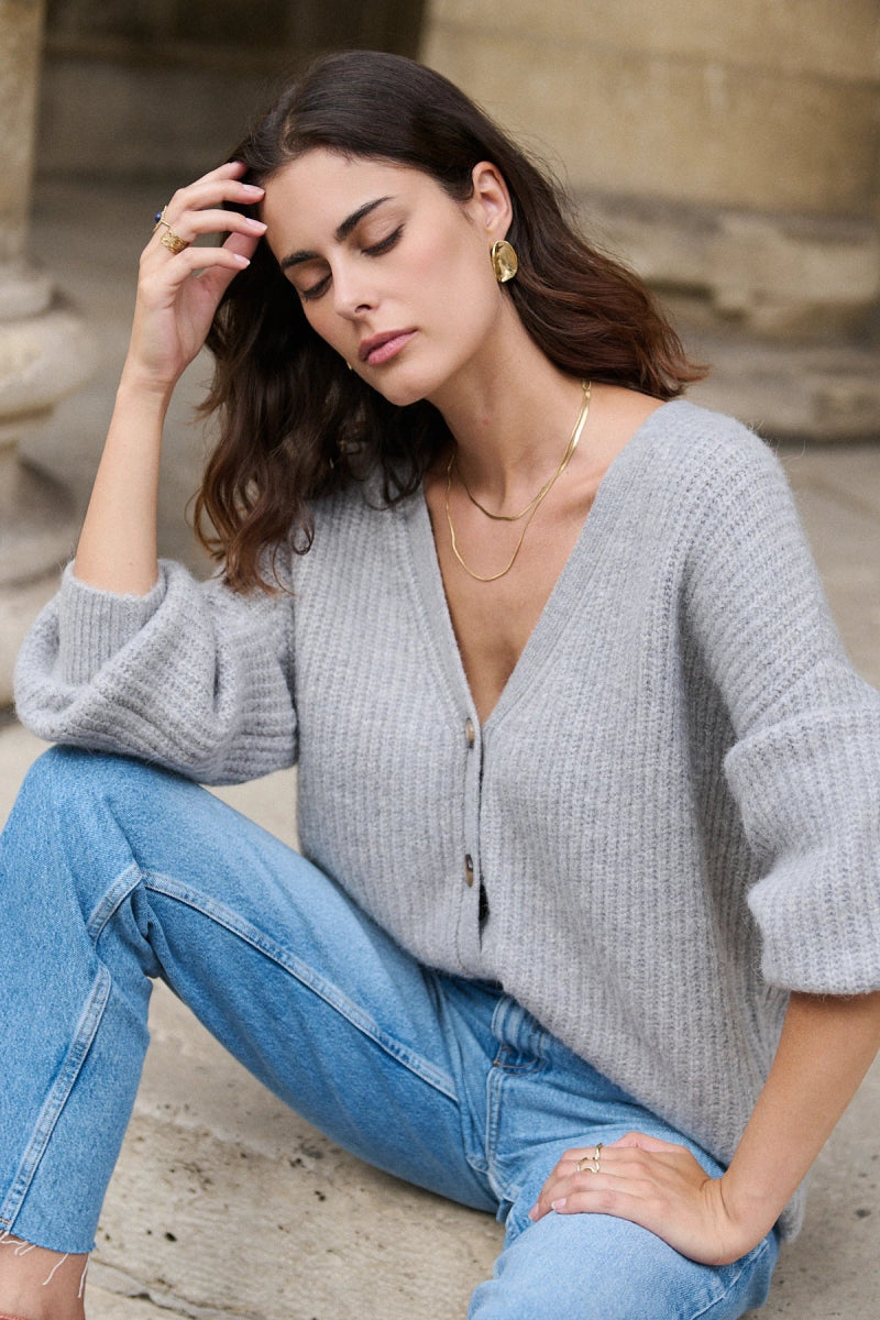 Cardigan gris oversized en alpaga et laine à col V - RIVE GAUCHE