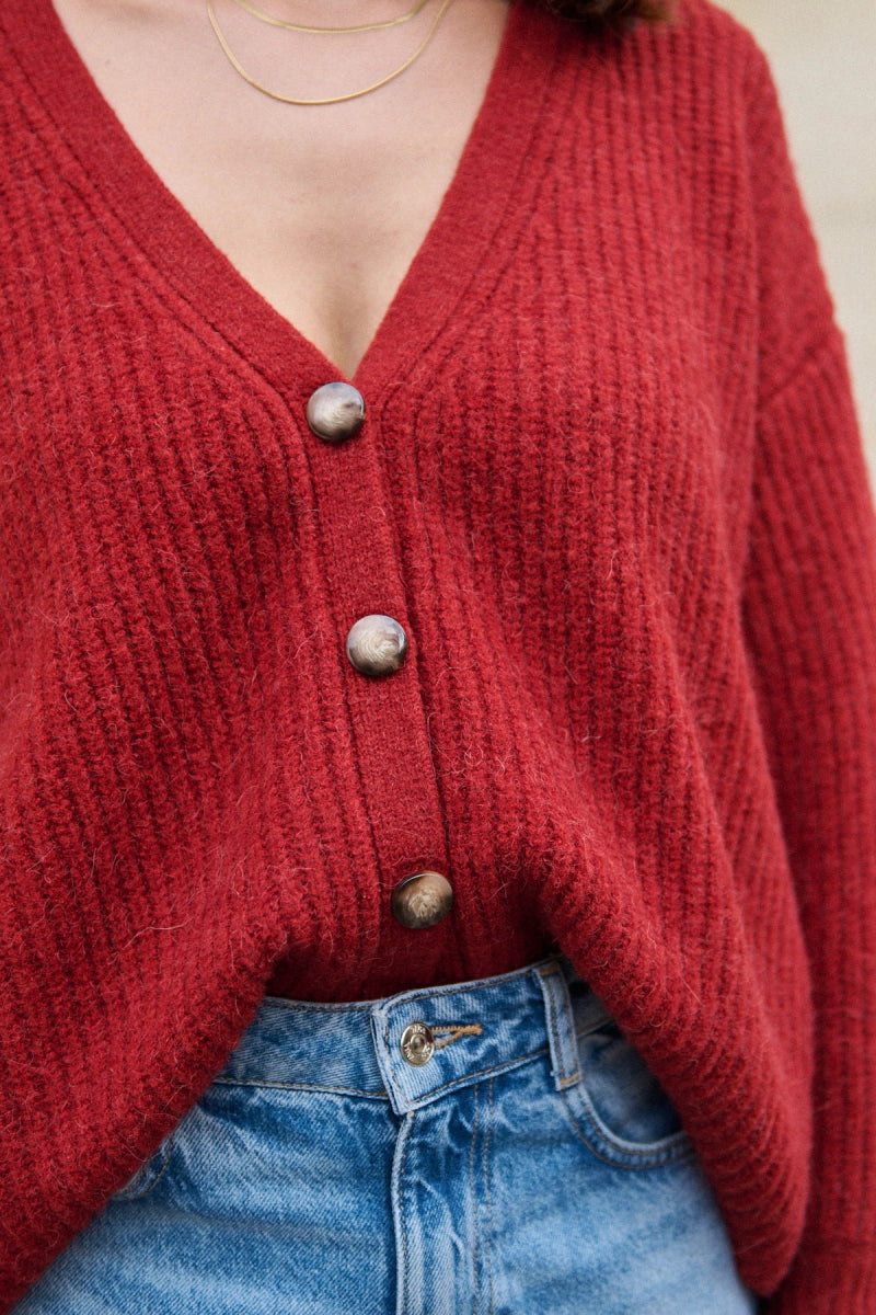 Cardigan rouge oversized en alpaga et laine à col V - RIVE GAUCHE