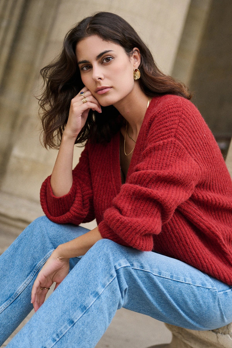 Cardigan rouge oversized en alpaga et laine à col V - RIVE GAUCHE