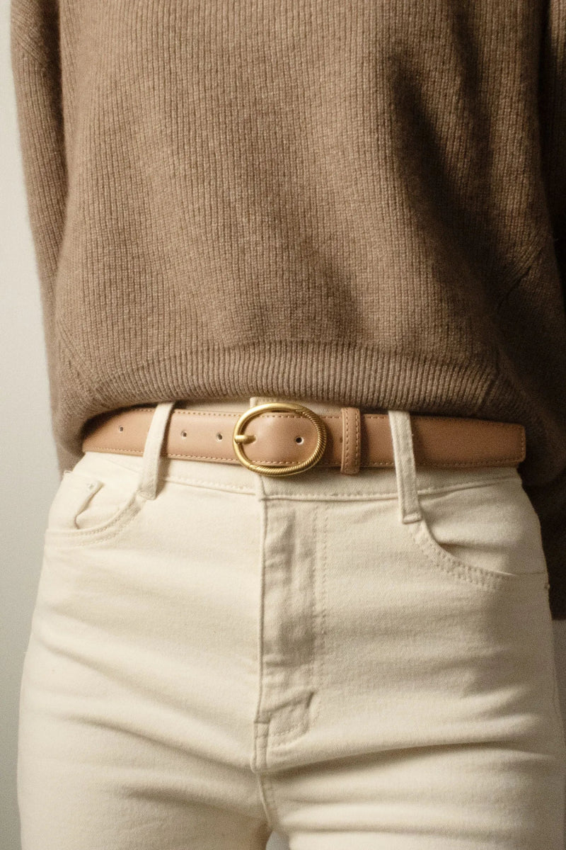 Ceinture en cuir de vachette beige avec boucle ovale - RIVE GAUCHE
