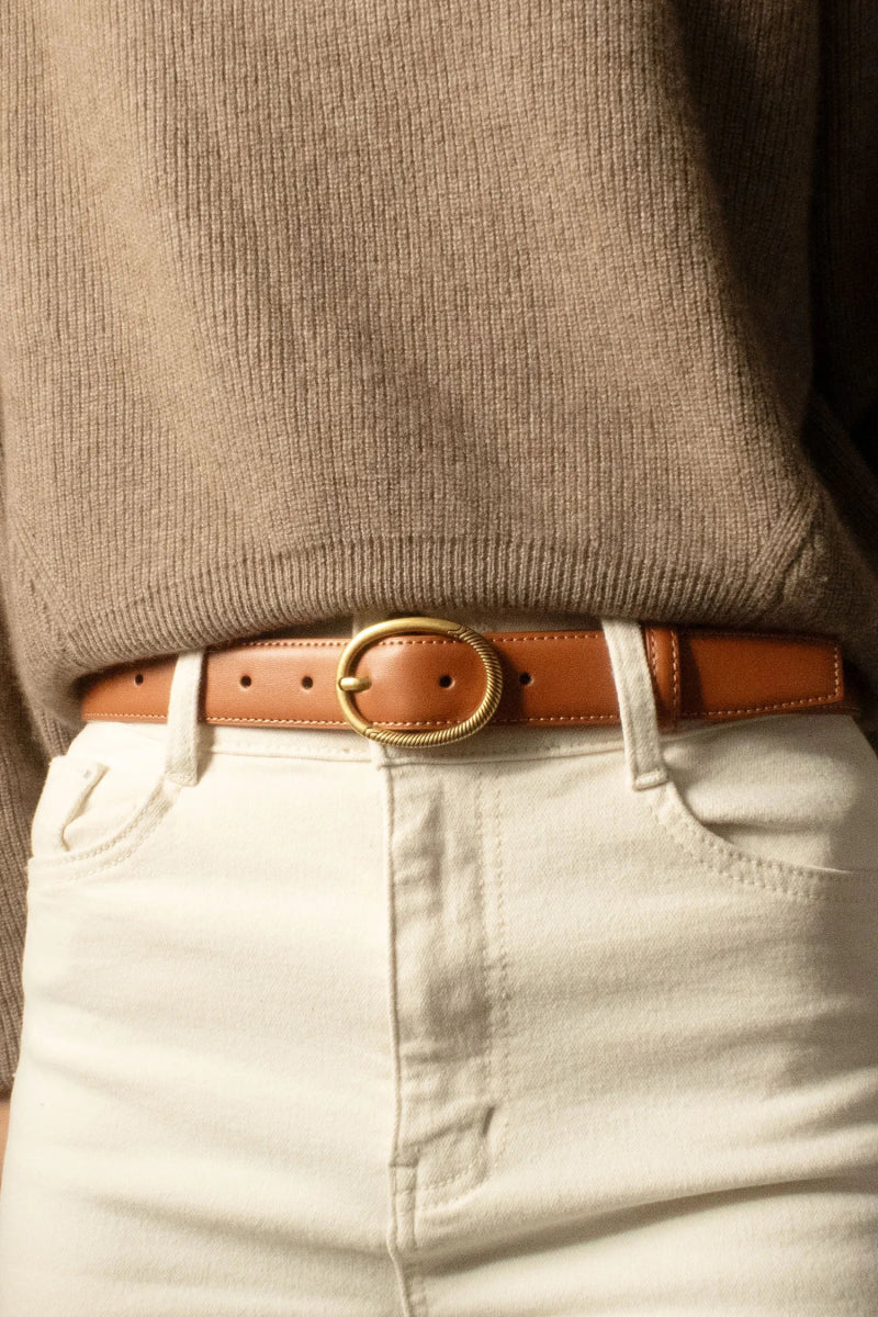 Ceinture en cuir de vachette camel avec boucle ovale - RIVE GAUCHE