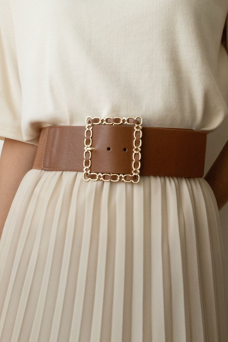Ceinture large élastique marron boucle carré dorée - RIVE GAUCHE