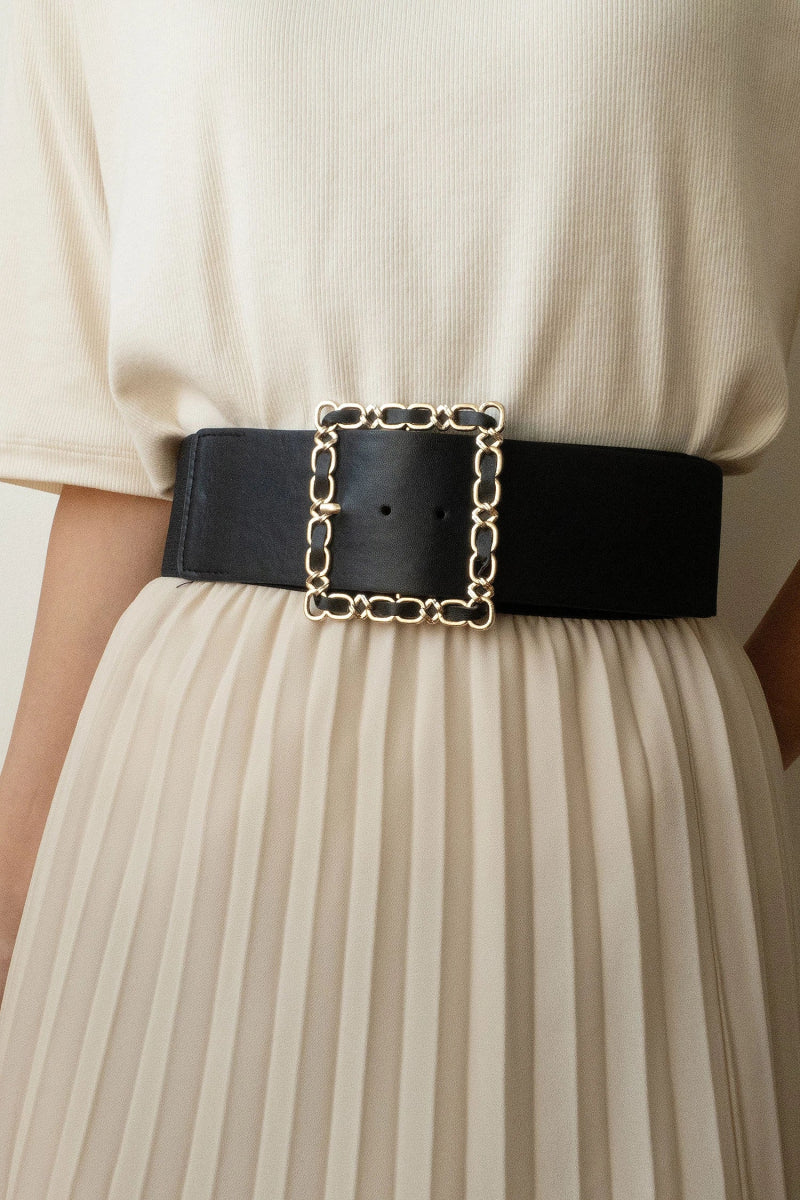 Ceinture large élastique noir boucle carré dorée - RIVE GAUCHE